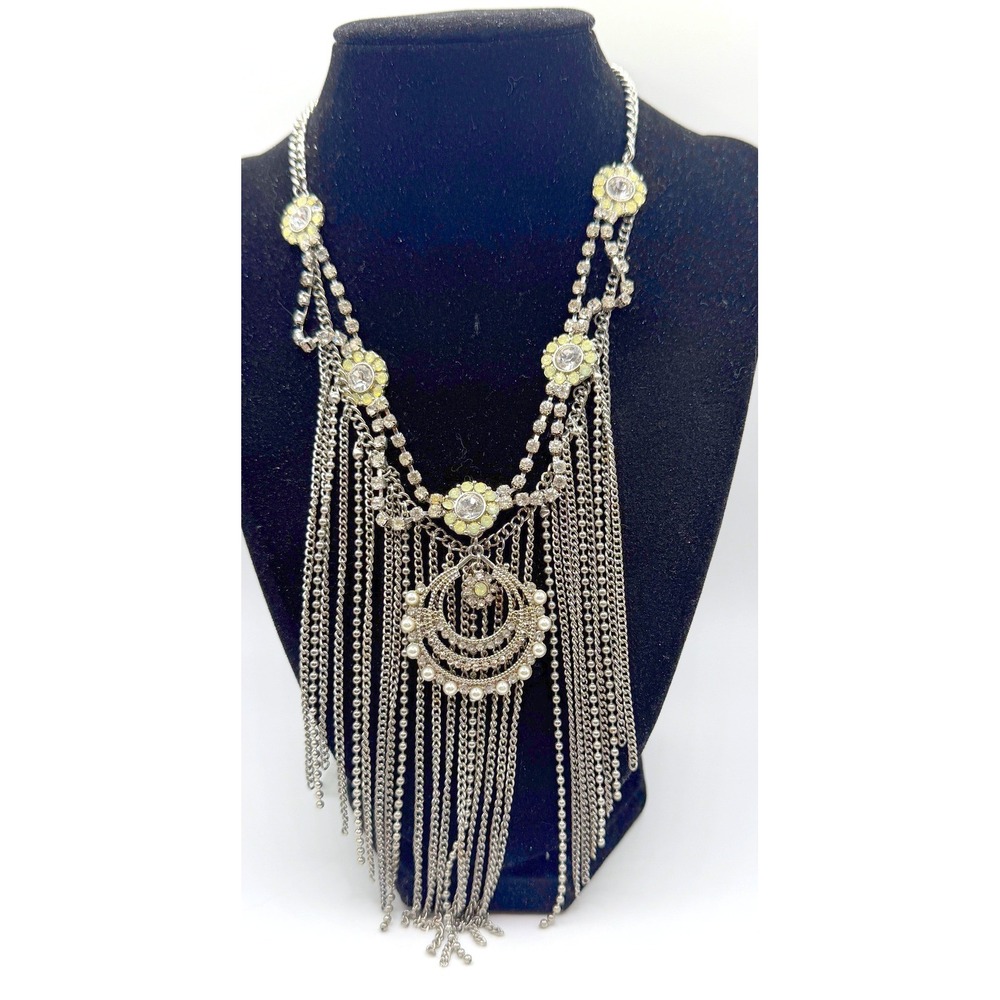 Statement Silver Tone Bib Necklace Yellow‎ & Clear Rhinestones Fringe 14–18.5"